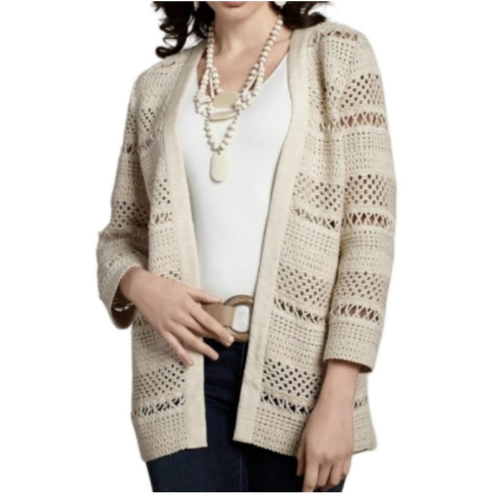 Chico's Open Crochet Knit Cardigan in Cream Blend